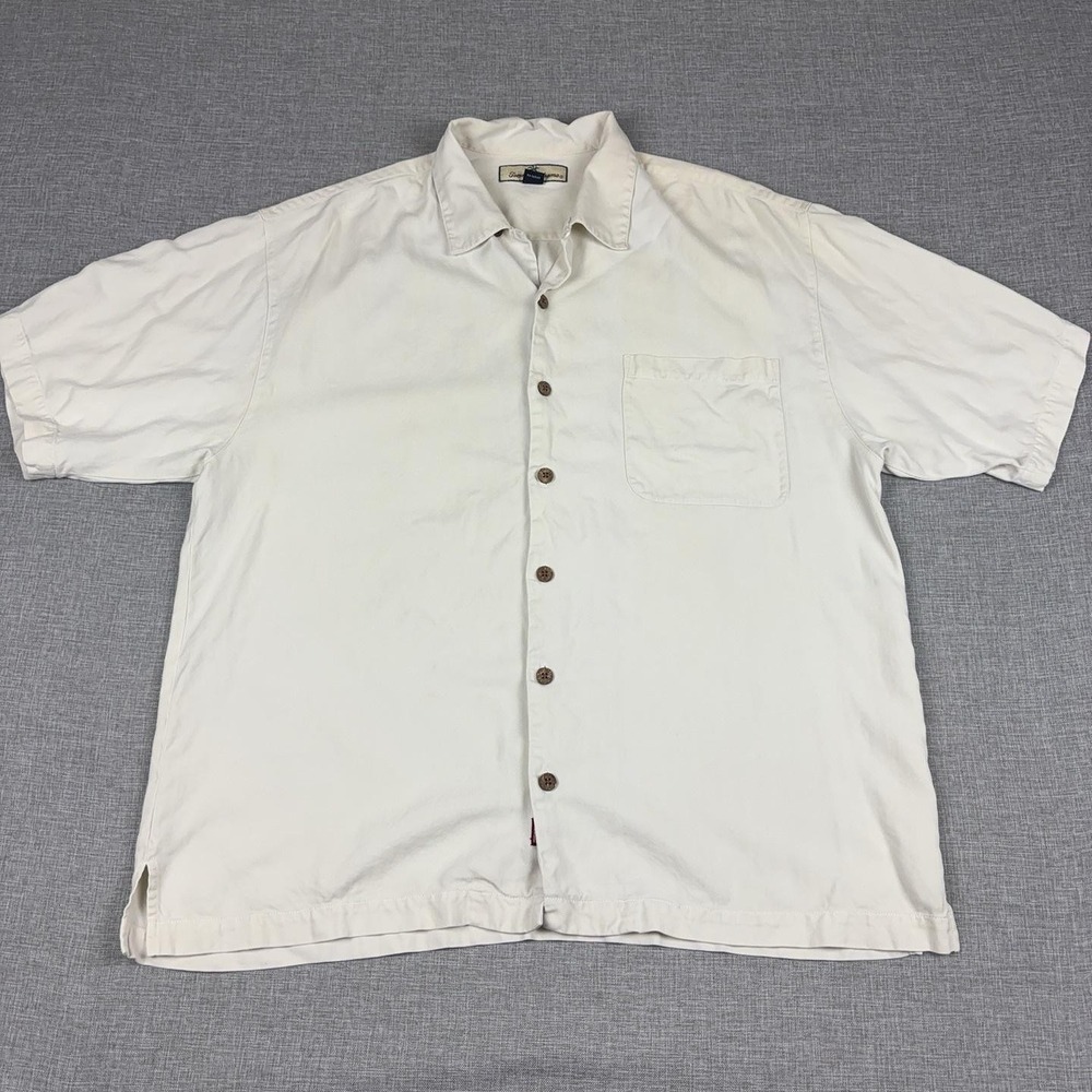 Tommy Bahama Shirt Mens Large White Silk Herringbone Short Sleeve Button Up